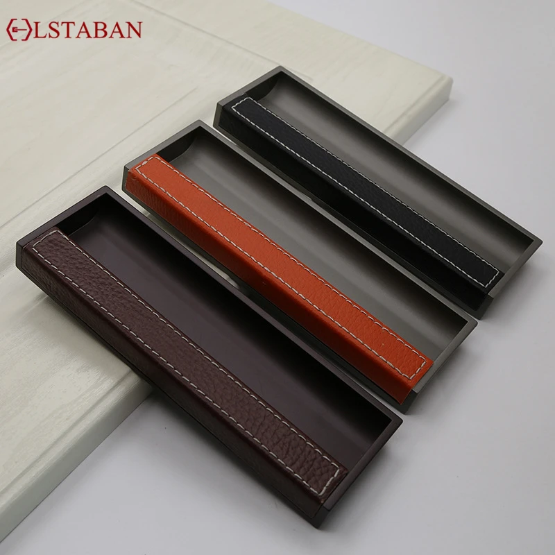 Light Luxury Simple Embedded Sliding Door Slotted Leather Concealed Knob Cabinet Drawer Furniture Handle Accessories