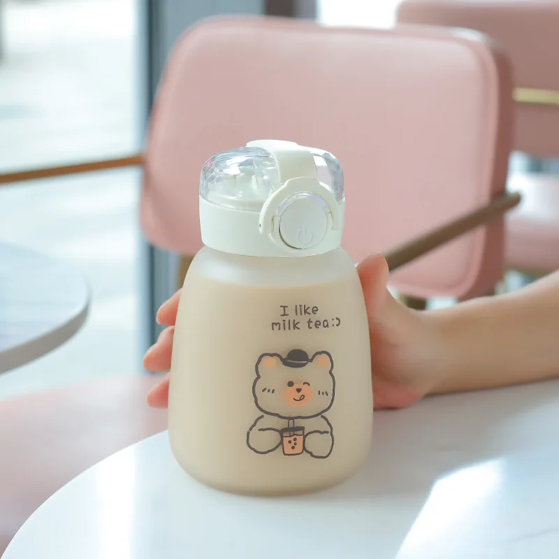 Kids Cartoon Glass Water Bottle Mug Animal School Drinking Water Straw Cup Gravity Ball Straw Thermos Bottle Shoulder Strap