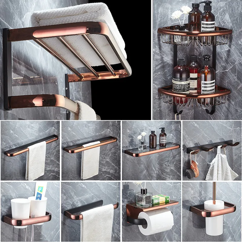 Rose Gold & Black Copper Bath Hardware Accessory Brass Towel Rack Corner Shelf Tissue Holder Hook Toilet Brush Nail Punched New