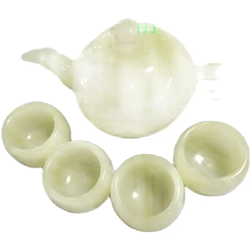 China Handmade Jade Carving Natural Stone Jade Teapot And Tea Cup A Set