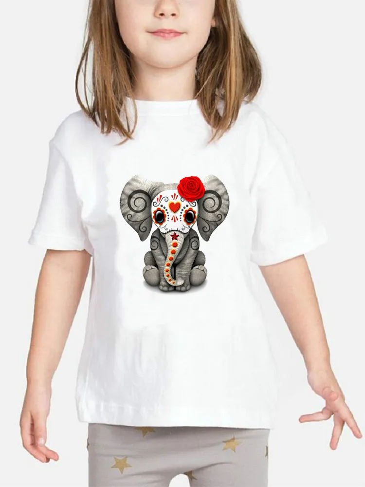 

Red Day of the Dead Sugar Skull Baby Elephant Kids T-shirts Fashion Girls T Shirt Funny Children Tops Clothes 2-8Y