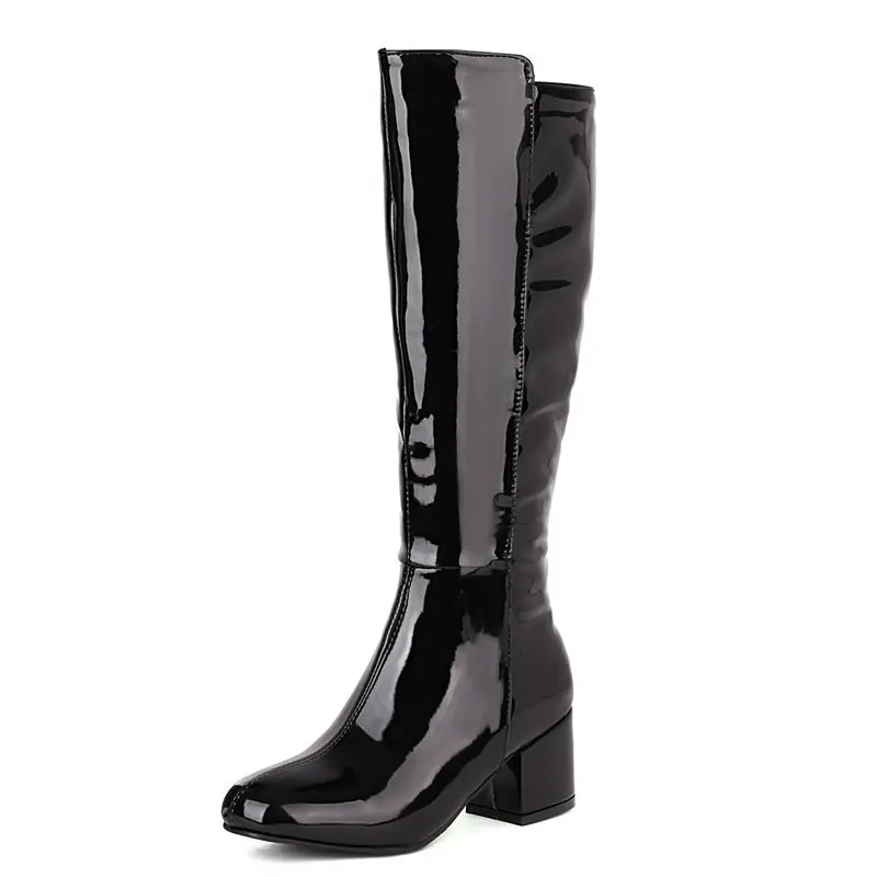 Black White Red Women Knee High Boots Patent PU Leather Square Heel Round Toe Ladies Modem Boots Short Plush Fall Winter Boots