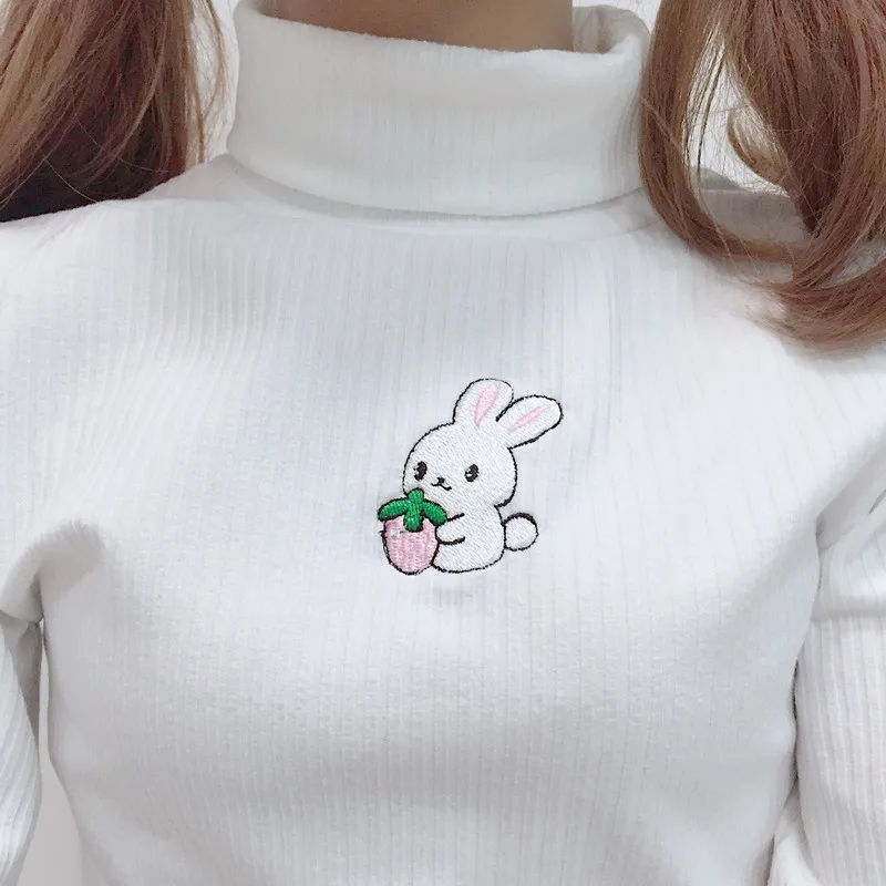 Kawaii Bunny Pullover for Women Casual Sweater Pull Top Super Cute Rabbit Embroidery Turtleneck Stretch Warm Knit Jumper Autumn