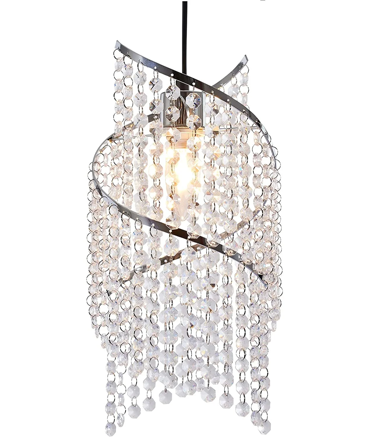 K9 Crystal Long Beaded Ceiling Light Cover Spiral Droplet Frame Light Fitting Pendant Shade - (Clear, Without Light Cord Kit)