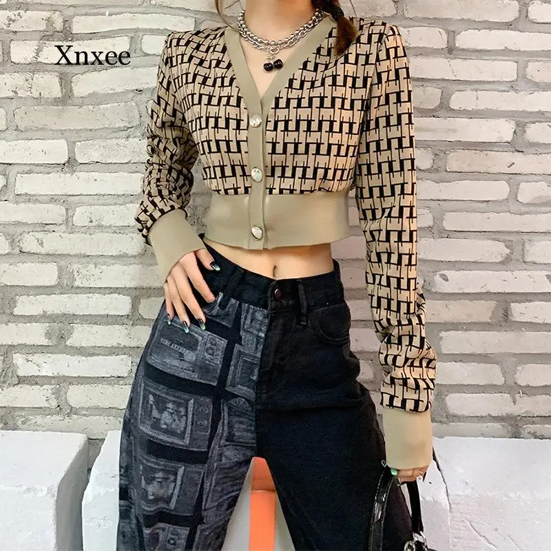 2021 Women's Slim-Fit Fashion Printed Sweater Spring Autumn Long-Sleeve Button Down Cardigan V-Neck Women's Knitwear Clothes Top