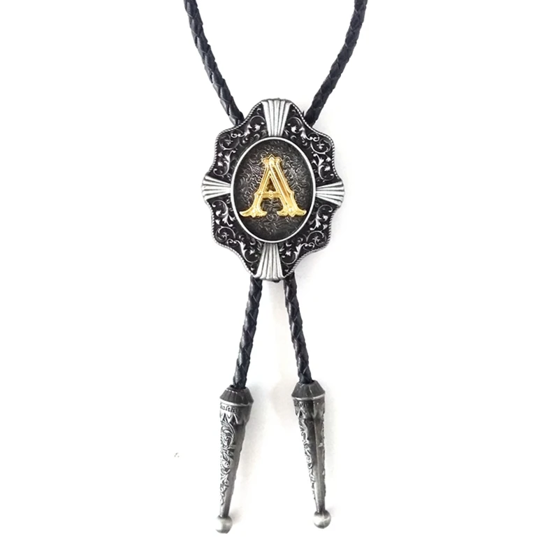 Golden Initial Letter A to Z Antique Silver Western Cowboy Rodeo Bolo Tie Adjustable Novelty Neckties for Men Accessories Gifts