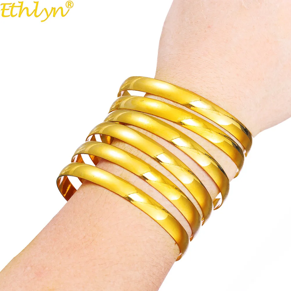 Ethlyn 6Piece/Lot Fix Size Jewelry Arab Gold Color Bangle Wholesale Dubai Simple Design Gold Bracelet Bangle for Women B200