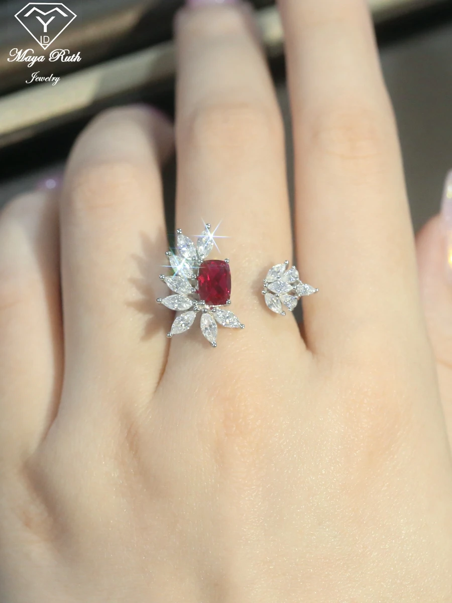 Created Ruby Real 925 Sterling Silver Party Cocktail Ring For Women Charms High Quality Luxury Gifts Fingertip Ring Flower Shape