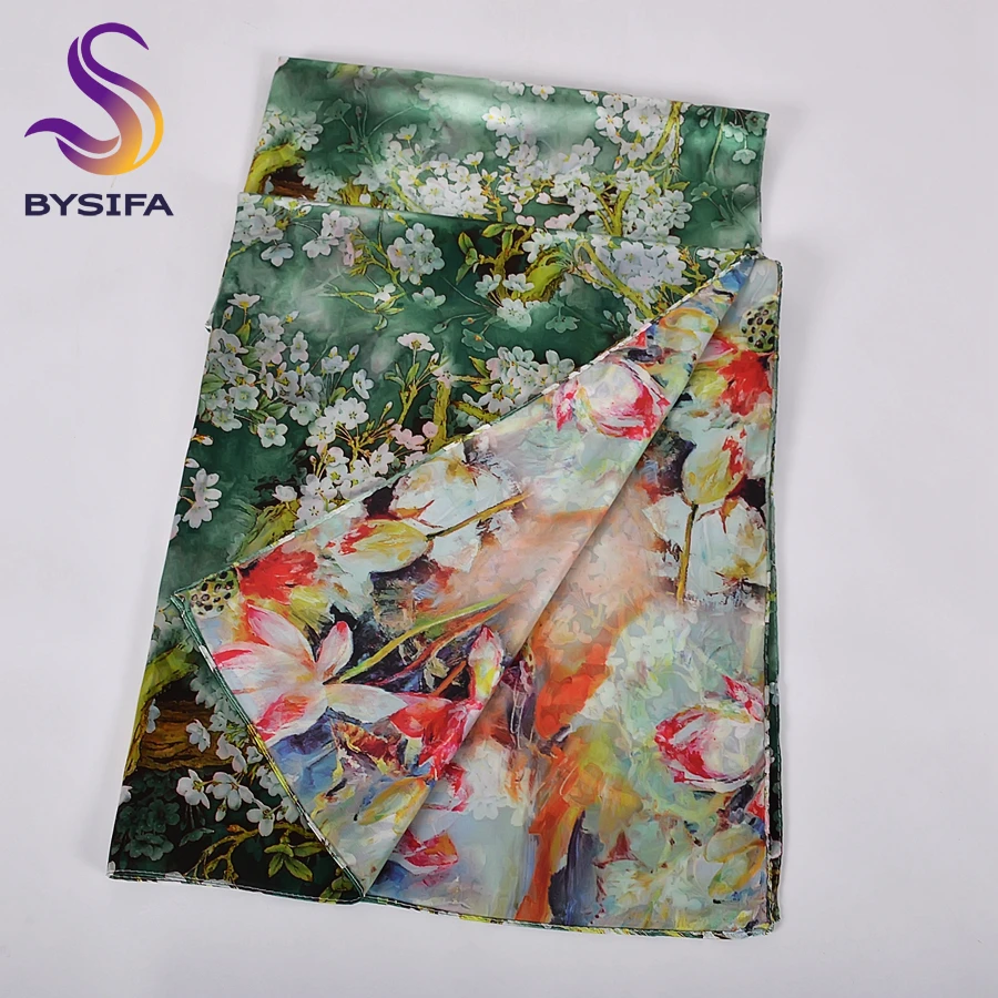 [BYSIFA] Silk Scarf Shawl Femmes Foulard New Magnolia Design Ladies Double Faces Long Scarves Printed Beige Pink Hijabs160*70cm