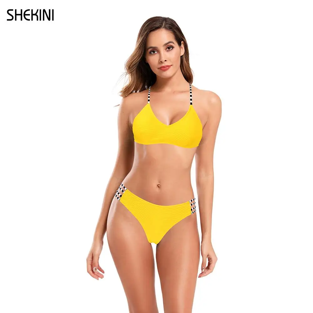 SHEKINI Women's V Neckline Bikini Sets Low Waist Cutout Bottom Two Piece Swimsuits Beach Bathing Suits Back Crisscross Swimwear