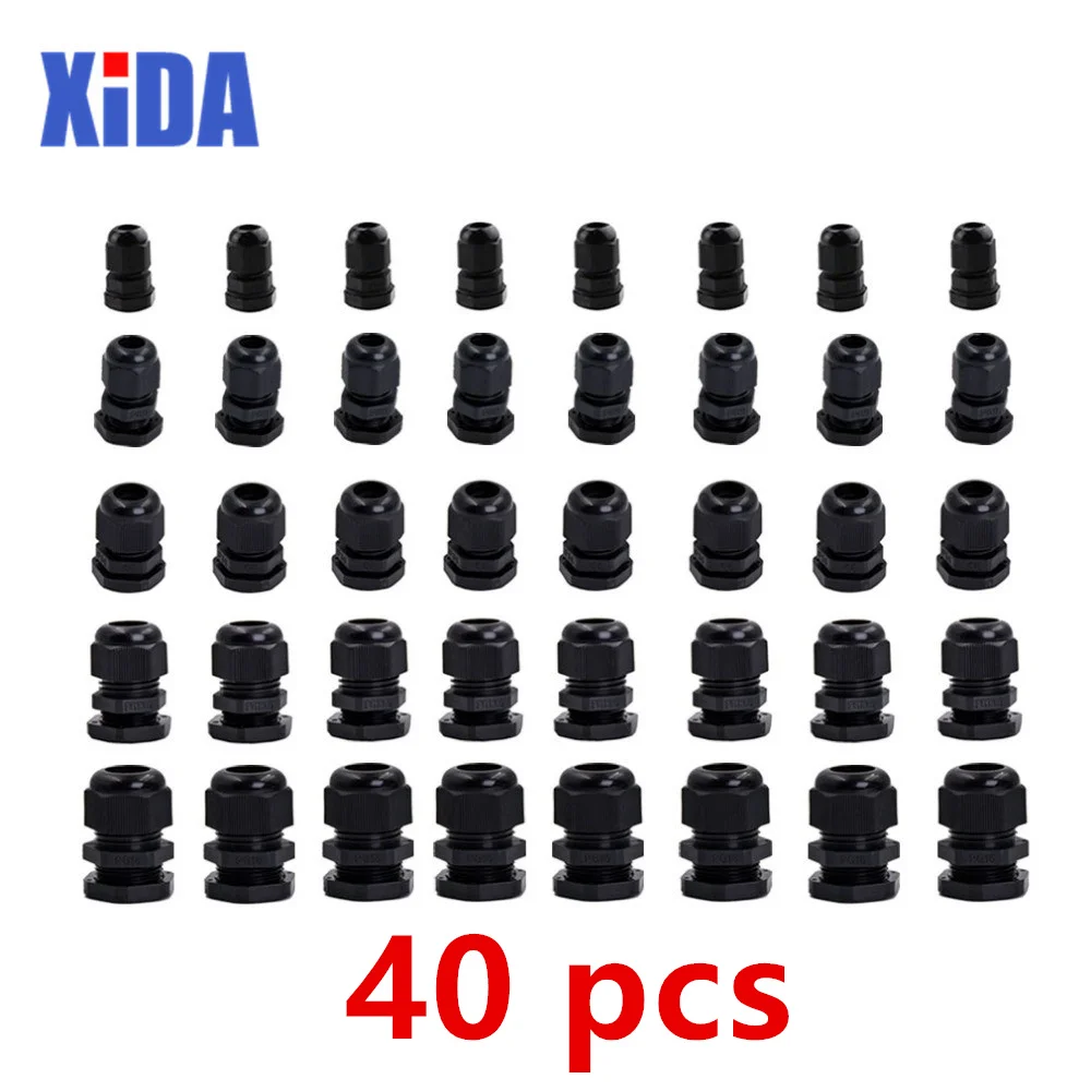 40pcs IP68 Each of 8 PG7 PG9 PG11 PG13.5 PG16 Thread Nylon Cable Gland Kit Wire Connector Waterproof Plastic Cable Gland Reducer