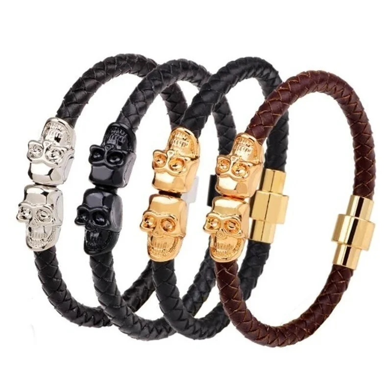 Pulsera clásica de acero inoxidable estilo gótico Punk para hombre, brazalete de cuero con doble Calavera, joyería de fiesta de Rock