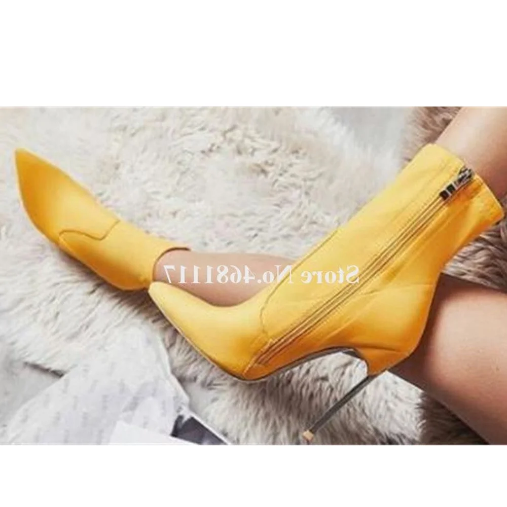 

Pointed Toe Zip Short Women Boots Fashion Suede Leather Metal Stiletto Heel Red Yellow Pink High Heel Ankle Booties Club Shoes
