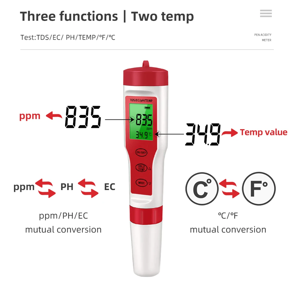 Multifunction Water Quality Tester PH/ TDS/EC /Salinity Tester LCD Digital Water Purity Temperature Meter for Pools Aquariums, image 4