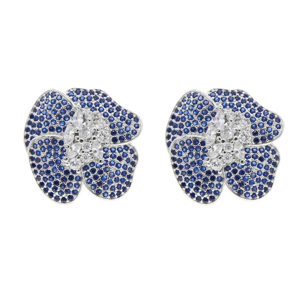 Promotion High quality micro pave blue black cubic zirconia cz bloom flower Big cz flower cz women earring 2022 spring new