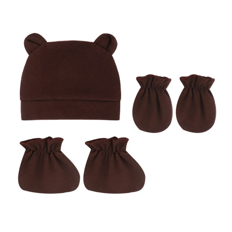 

2024 New Solid Color Spring Autumn Summer Cute Ear Cap Mittens Socks Nightcap Warm Beanies Cap for Infants Newborn Toddler Gifts