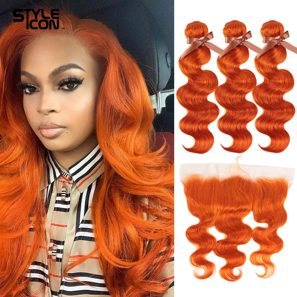 Nerz Orange Blonde Farbe Brasilianische Körper Welle Bundles Mit Frontal Remy Menschenhaar Weben 3 Bundles Mit Frontal Haar Verlängerung