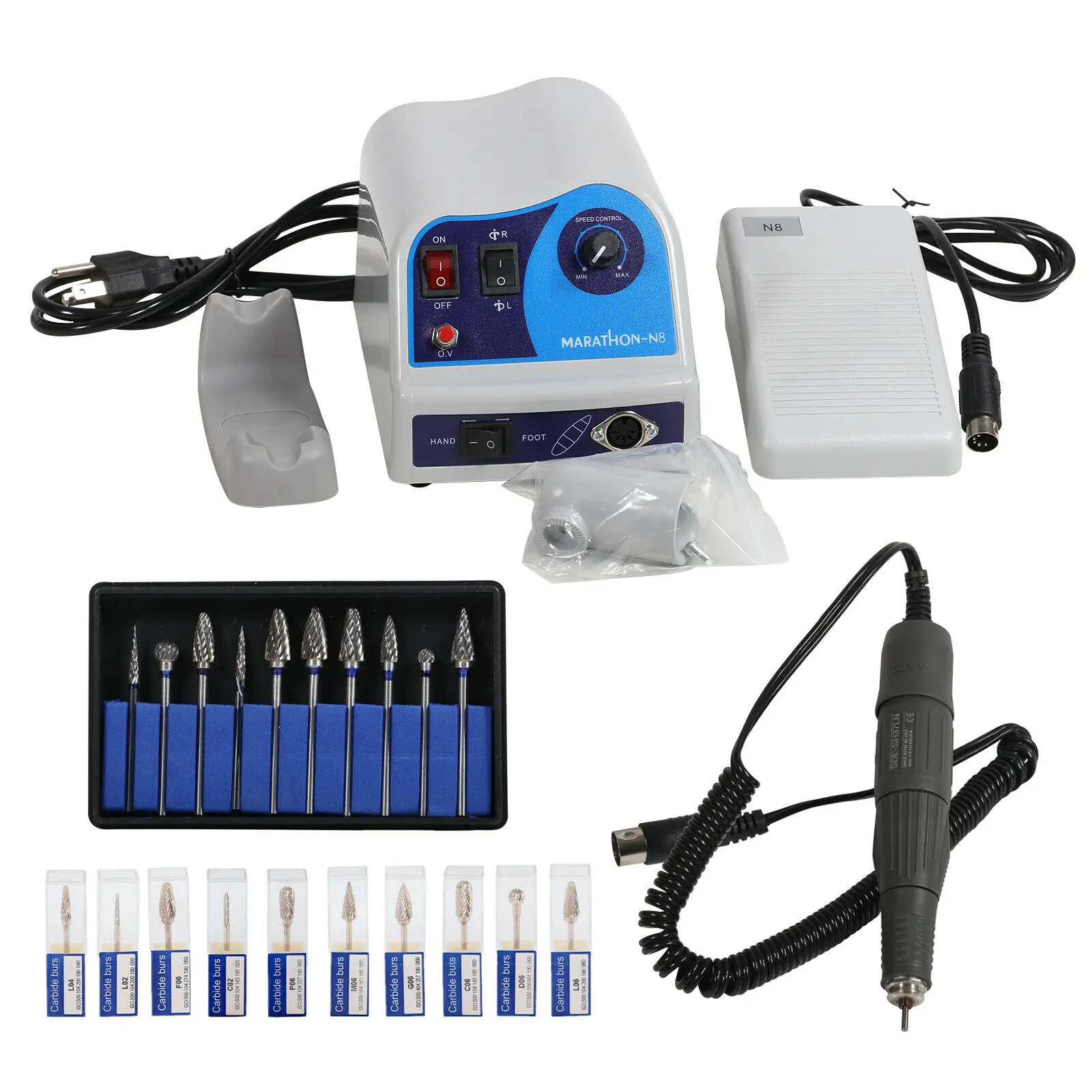 Dental Lab Marathon Electric Polisher Micromotor N8+45K RPM Handpiece +10 HP 2.35mm Burs kit