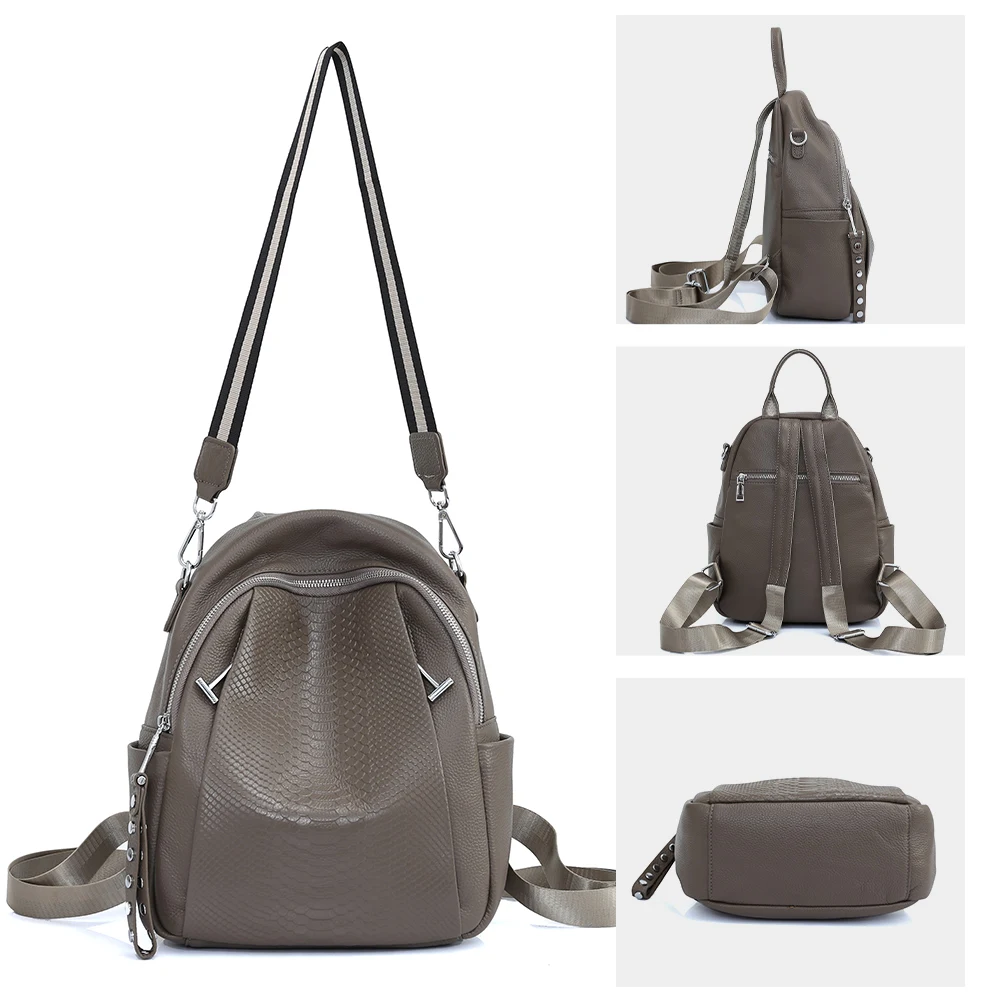 Mochila Zency de cuero genuino para mujer, moda con remaches de cocodrilo, bolso de hombro Simple para mujer, bolso escolar de viaje, mochila para