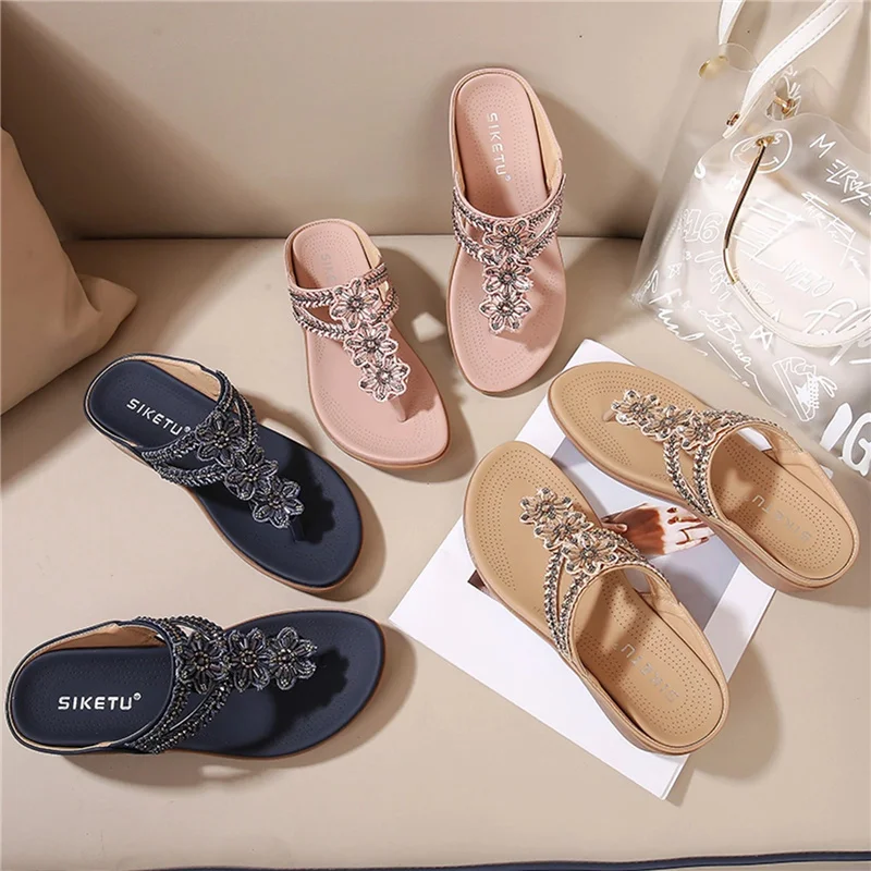 TIMETANGWomen Slippers Summer Fashion Flowers Beaded Rhinestone Thick Bottom Casual Sandals Breathable Retro Wild Wedges Slipper