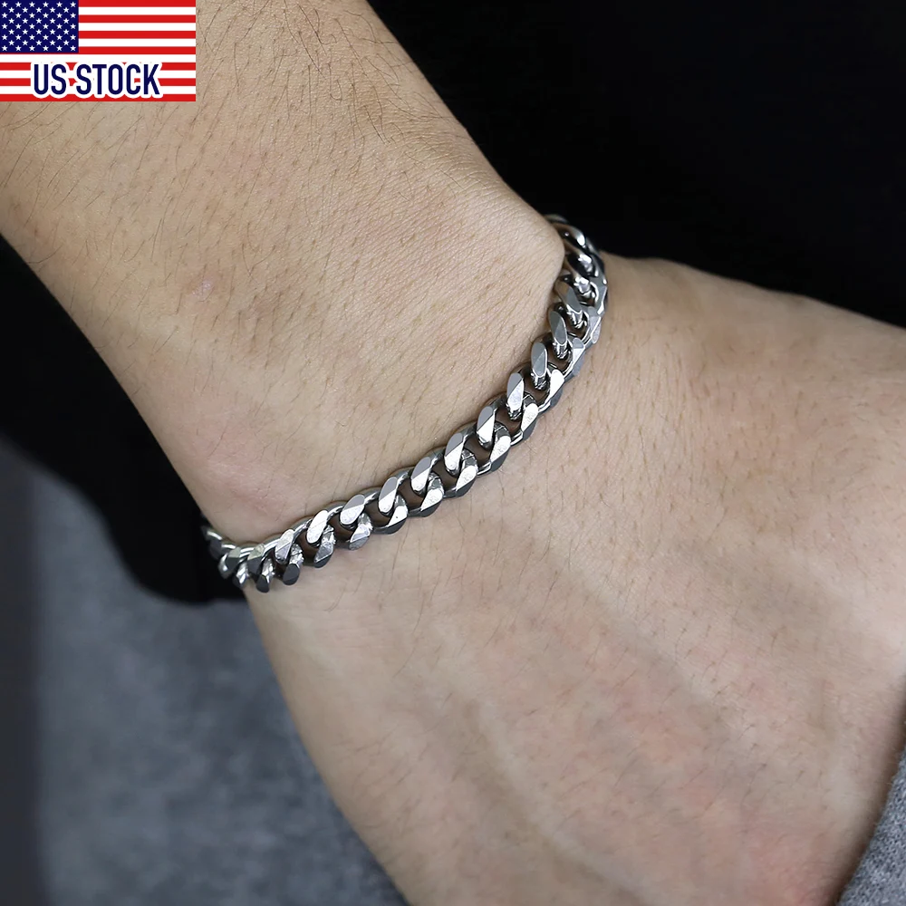 Men's Bracelets Silver Color Stainless Steel Curb Cuban Link Chain Bracelet Women Jewelry Wholesale Dropshipping US Stock KBB10A