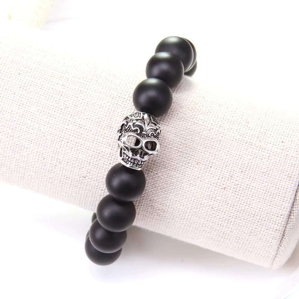 12MM Ts Style BIG BLACK OBSIDIAN AND SKULL with LILY DESIGN BEADS ELASTIC BRACELET, Rebel Heart Style Natural Stone Bracelets