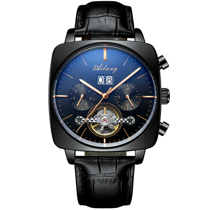 AILANG Mode Grün Große Zifferblatt Quadratische Mechanische Uhr für Männer Lederband Wasserdicht Tourbillon Uhren Herren Relogio Masculino 3