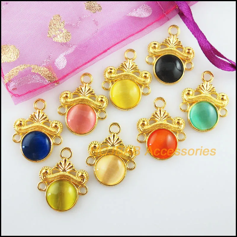 8 New Flower Charms Gold Color Round Cat eye Stone Mixed Connectors 18x23mm