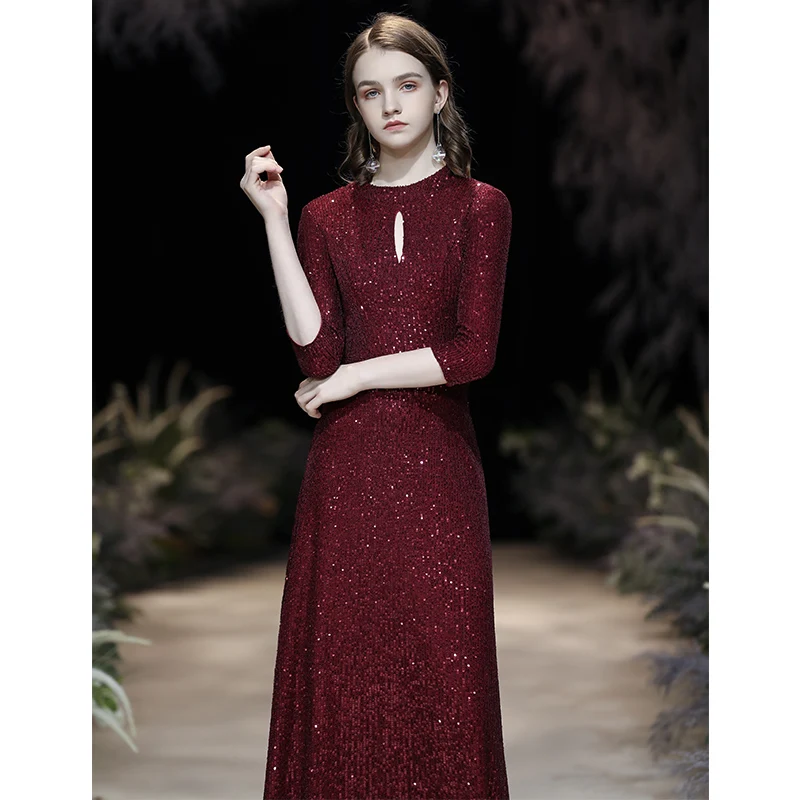 wei yin AE0362 2023 O Neck 3/4 Sleeves Sequin Mermaid Evening Dresses Long Formal Dress Wine Red Evening Party Dresses