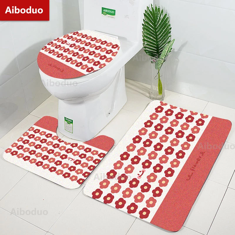 

Aiboduo Little Red Flower Multi-size NonSlip 3pcs/set Toilet Lid Cover Set Home Decoration BathMat Absorbent Restroom Rug Carpet