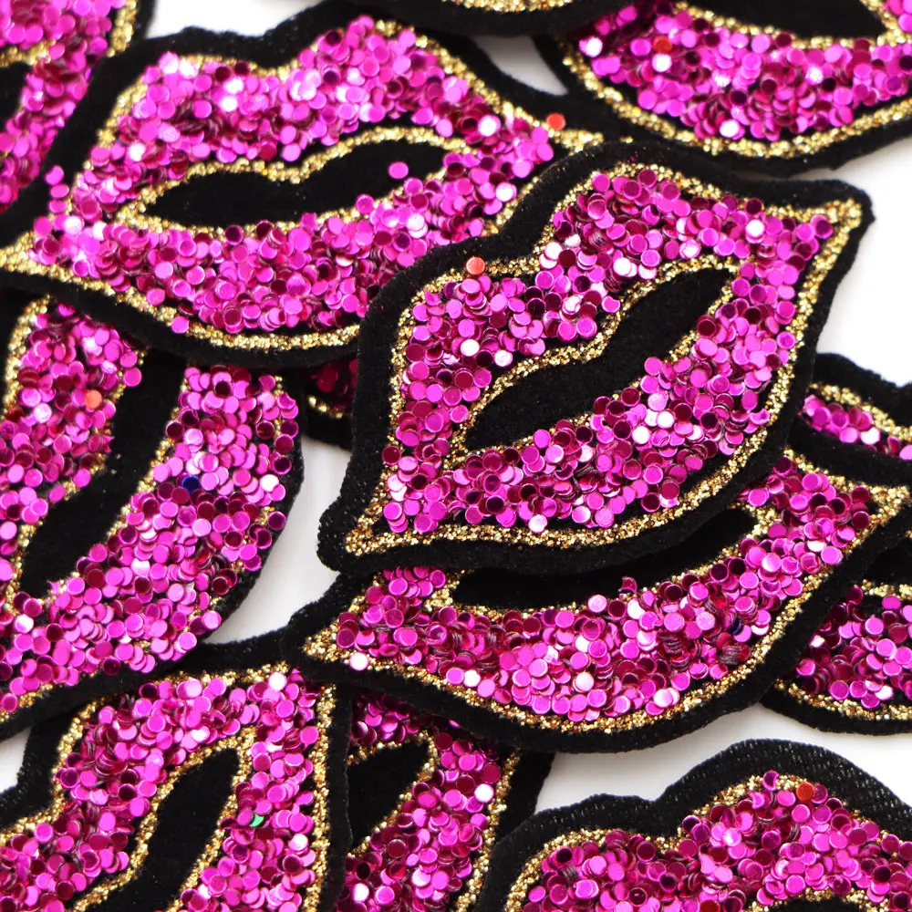 10Pcs/Lot Sexy Lips Sequin Patches For Kids Women Clothes DIY Stripes Iron on Appliques Thermo Clothing Embroidery Heart Badges