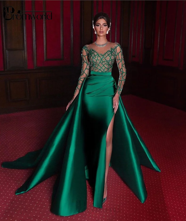 Elegant Mermaid Evening Dresses 2024 Emerald Green Formal Dress Full Long Sleeves Satin Sexy Slit Beads Party Prom Gowns