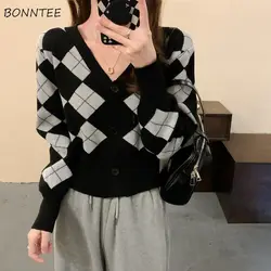 Cardigan Women Vintage Argyle Skinny All-match College Knitted Leisure Cozy Elegant V-neck Korean Style Female Cropped Sweater