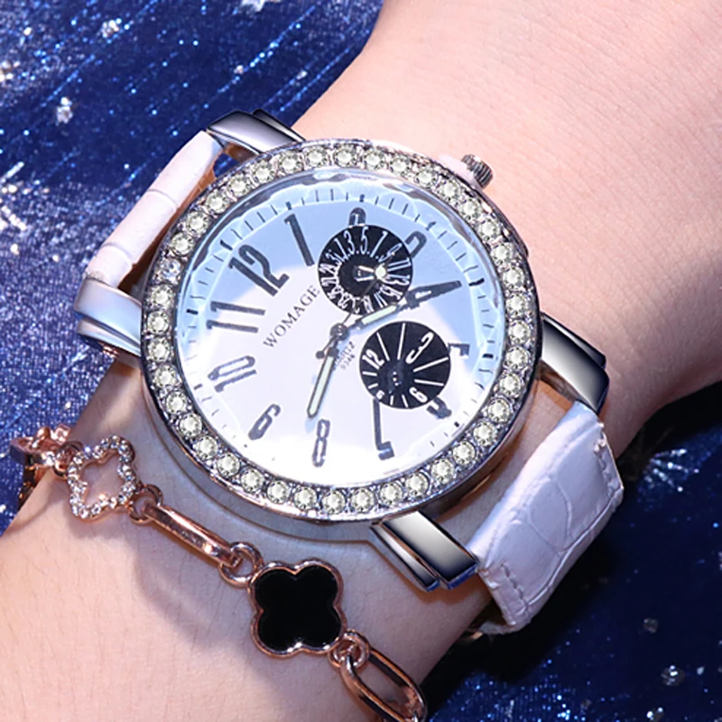 

Womage Casual Watches Women Crystal Women's Watches Leather Band Quartz Wristwatches horloge dames horloges vrouwen reloj