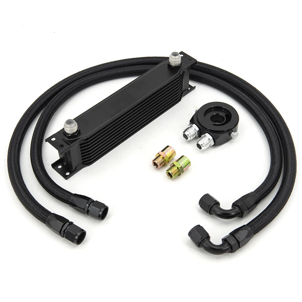 10 Rows Oil Cooler Kit AN10 M-Model Oil Cooler Kit Oil Filter Adapter With Nylon Stainless Steel Braided Hose