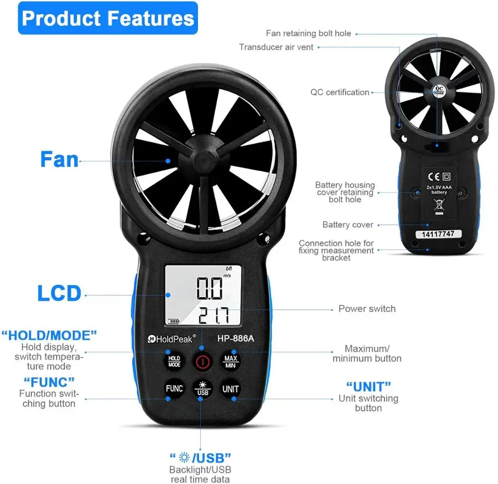 HoldPeak HP-866A 0.3~40m/s Anemometer PC Data Record Wind Speed Meter Portable Air Flow Tester USB Interface Handheld Temp Test