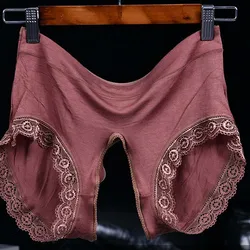 Underpants men's plus size shorts lace mid-waist cotton modal sexy see-through open crotch sexy underwear Men's briefs underwear