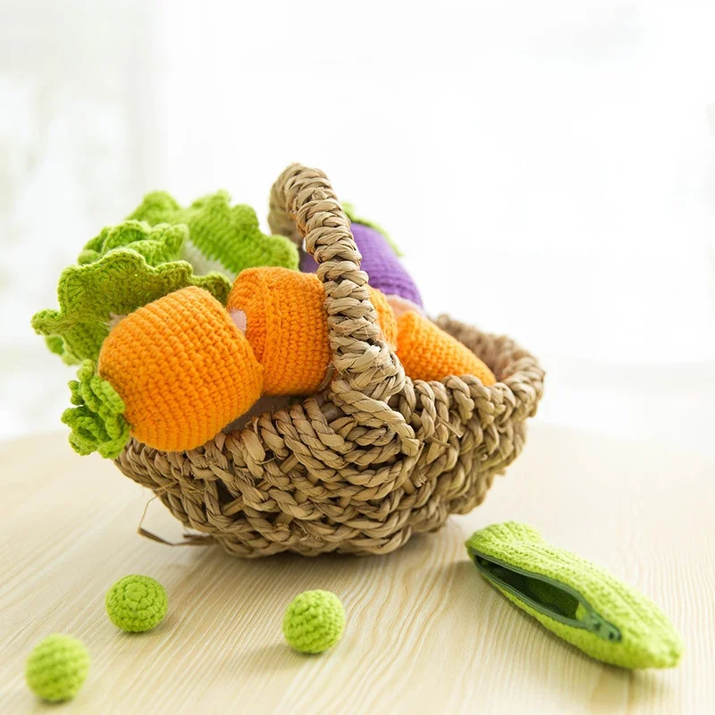 Susan\'s Family DIY Crochet Baby Toys Kit Vegetables and Fruit Cutting Play Toy Set 100% Cotton Thread Adult Crochet Material Bag