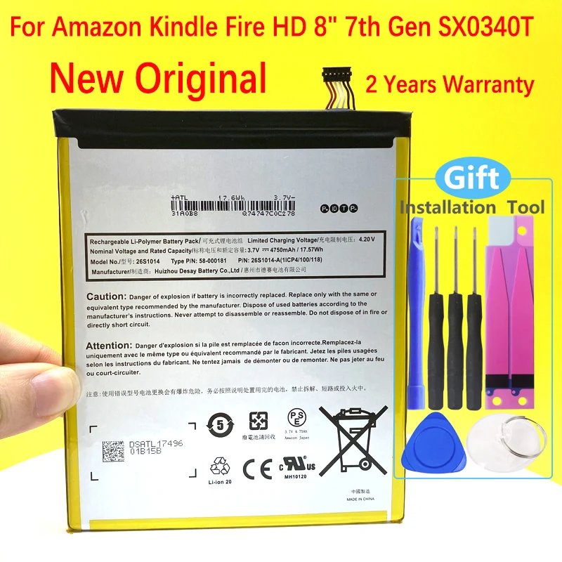 

New Battery For Amazon1 Fire 8 7 Generation, Fire 8.7, SX0340T Tab Tablet Ebook 4750mAh 26S1014 High Quality