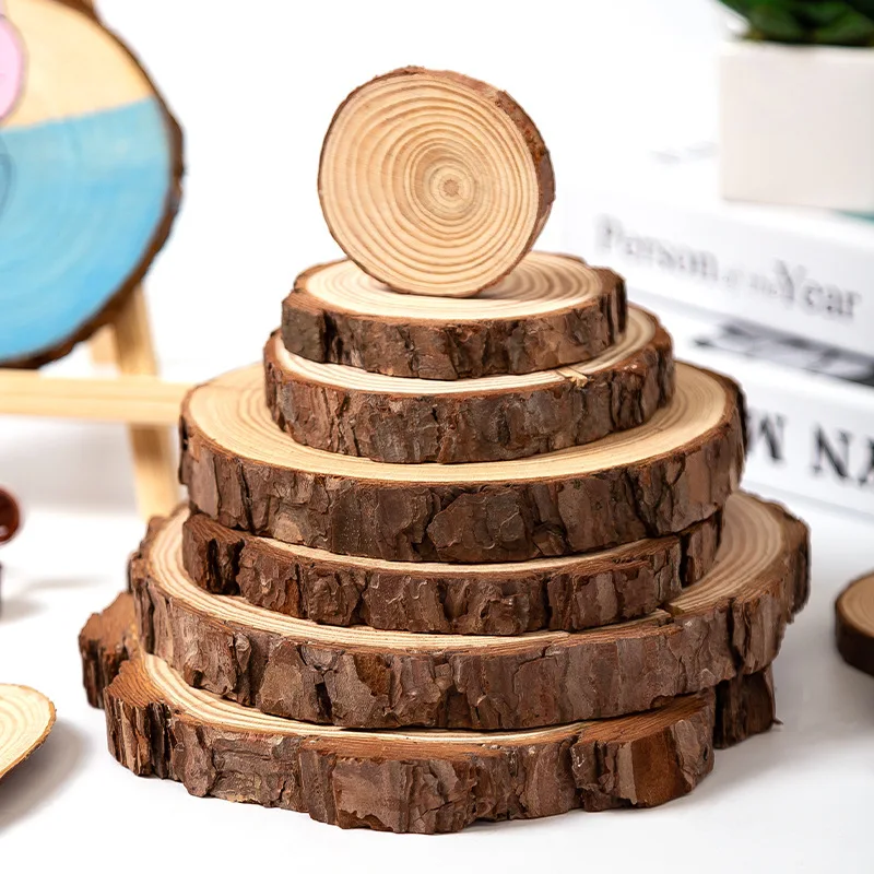 3-20cm Wood Natural Pine Round Unfinished Wood Slices Circles With Tree Bark Log Discs DIY Crafts Wedding Party Painting