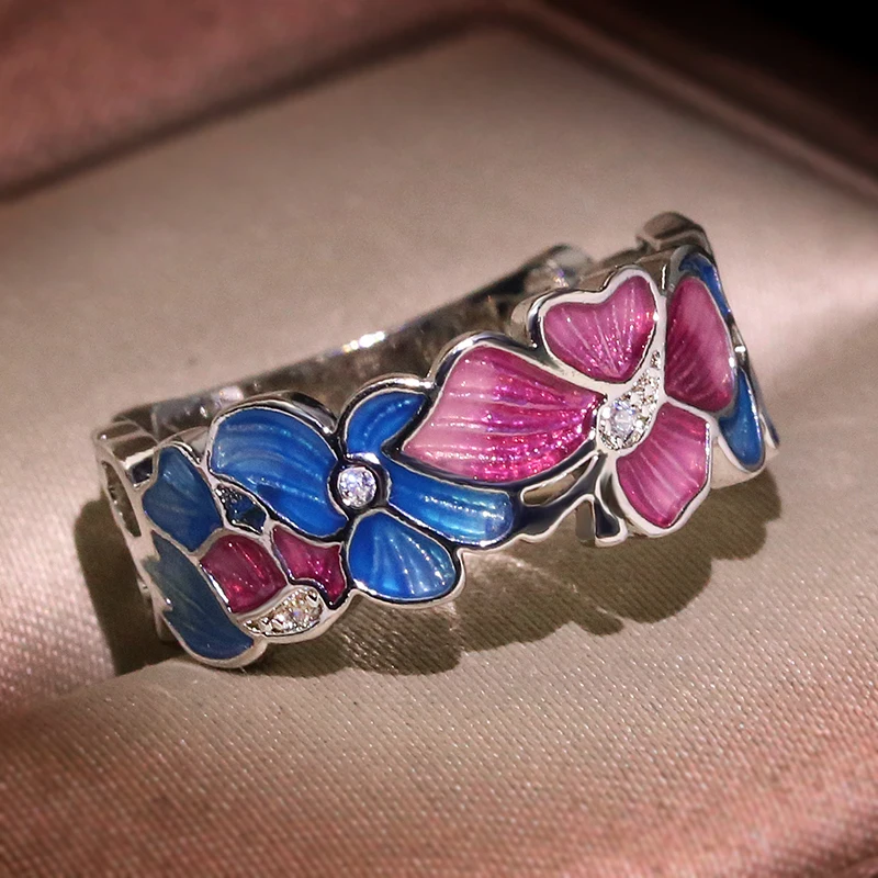 Fashion Flower Rings for Women Cubic Zirconia Ring Party Jewelry Enamel ring jewelry high quality