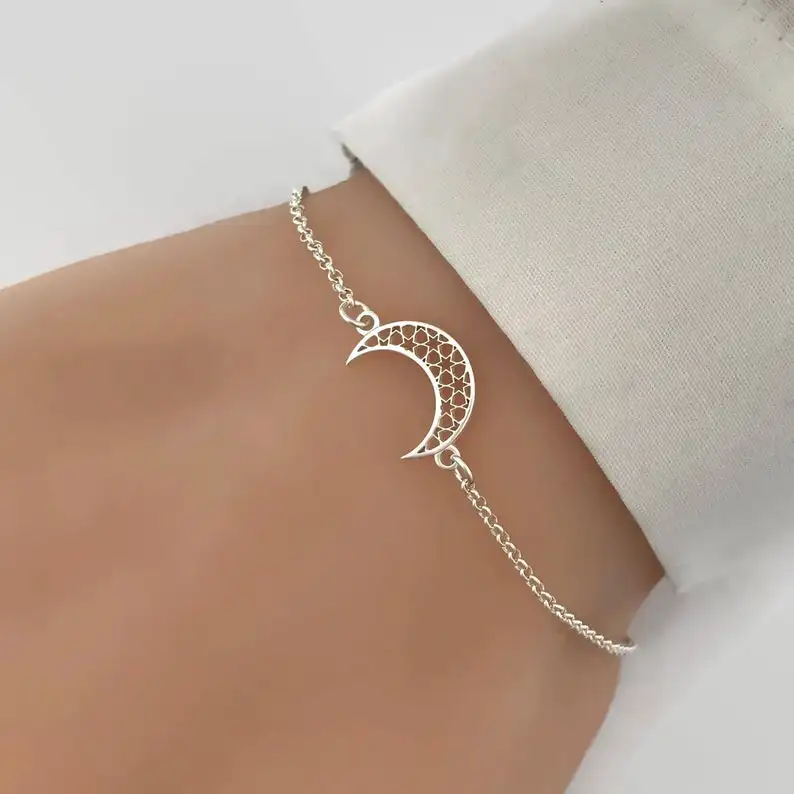 Cxwind Stainless Steel Crescent Moon Bracelet Adjustable Chains Bracelets Islam Jewelry For Women Men Horn Charm Pulseras Mujer