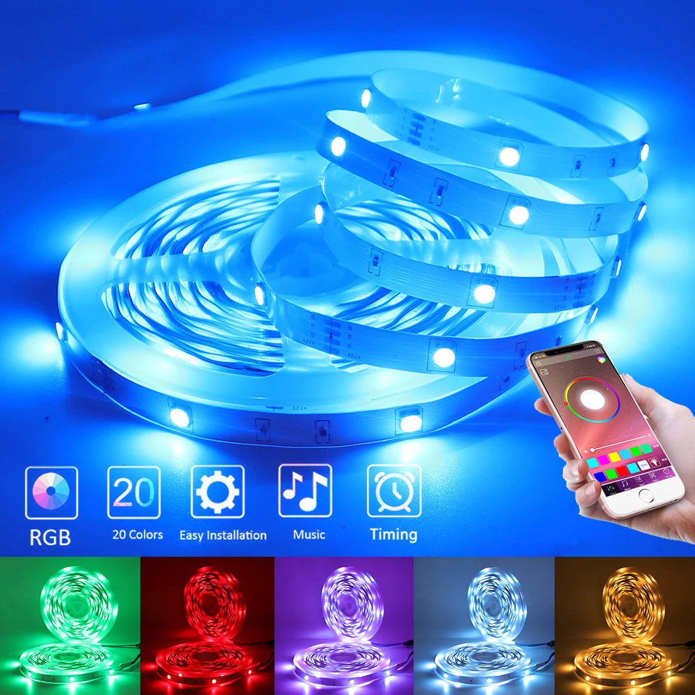 

LED Strip Light RGB 5050 Flexible Ribbon Bluetooth Music 12V Led Strip 30M 20M 15M 10M 5M RGB Tape Diode+ IR Control+Adapter