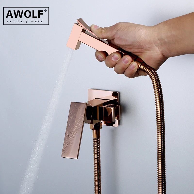 Hot And Cold Hand Held Toilet Bidet Sprayer Rose Gold Solid Brass Douche Kit Square Bathroom Shattaf Shower Mixer Faucet AP2243