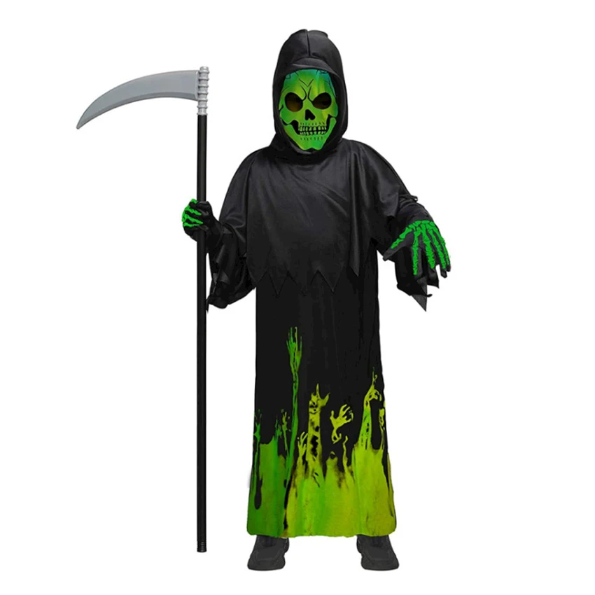 

Scary Grim Reaper Halloween Costume for Kid Funny Party Dress Scythe Glow In the Dark Cosplay Anime Suit Carnival Festival Mask