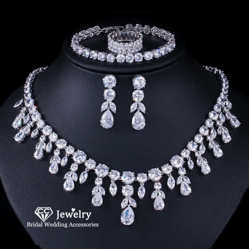 CC Jewelry Sets for Women Necklace Stud Earrings Ring Bracelet 4pcs set Wedding Jewellry Long Tassel Cubic Zircon T0139