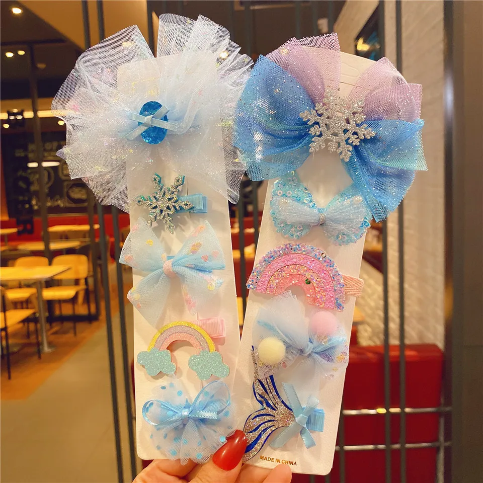 3/5Pcs/Set New Snowflake Chiffon Bow Hairpins Girls Cute Yarn Hair Clip Children Sweet Barrettes Kids Fashion Hair Accessories