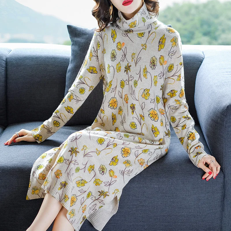 

Mid-length Printed Cashmere Sweater Dress, Korean Version, Loose Knit Dresses, Casual, New, Autumn, 2024