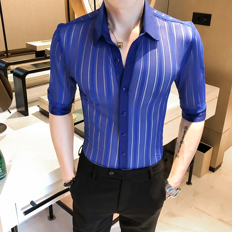 Black White Solid Business Casual Button Down Sexy See Through Slim Fit Shirt Camisa Masculina 2020 Transparent Stripe Shirt Men