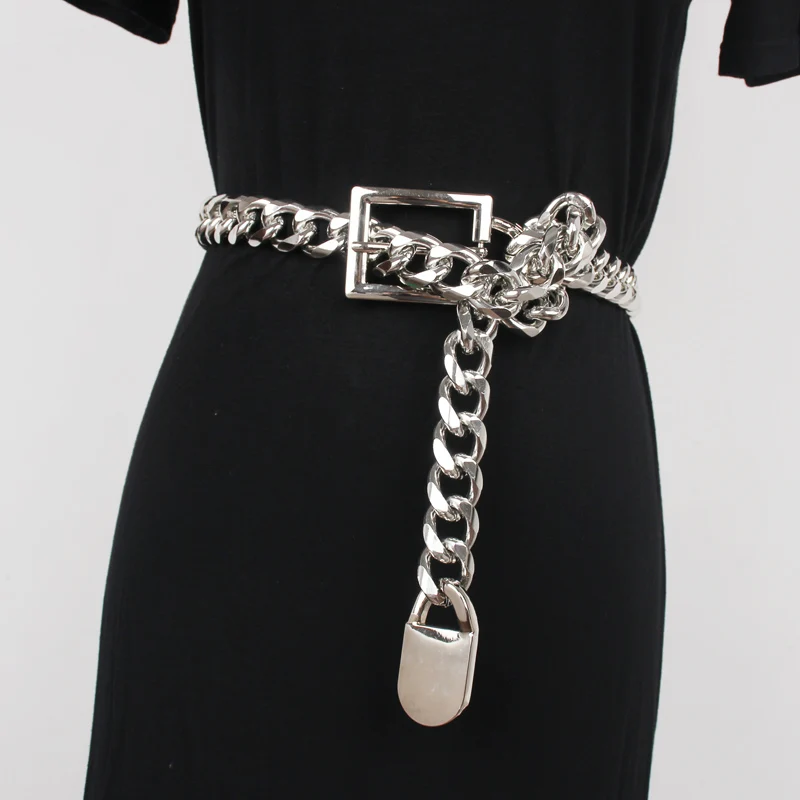 Women thick metal Chain Belts Fashion Female Lady Silver Gold Long Pin Buckle Metal Belts Jeans Waist Chains For Dress Ketting